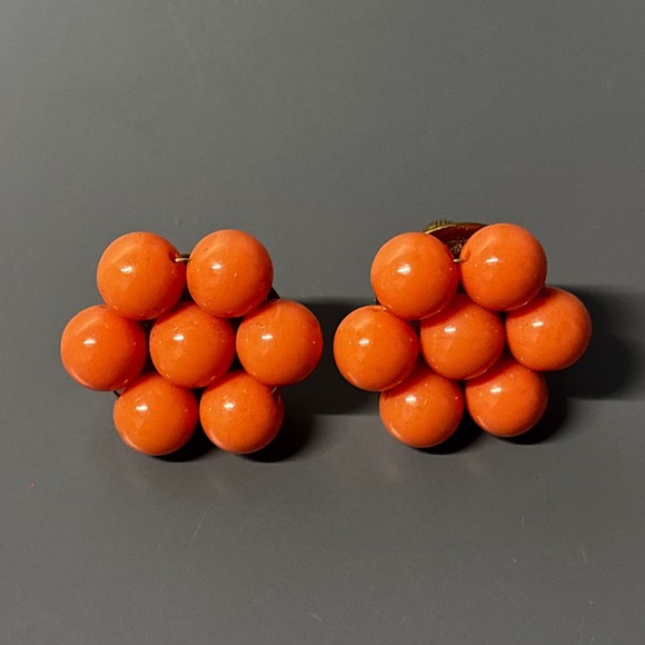 Jewelry - Vintage Orange Beaded Cluster Clip On Earrings Screw Backs Flower Shape Boho